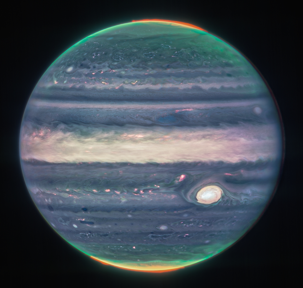 Составное изображение Юпитера, созданное с помощью камеры ближнего инфракрасного диапазона (англ. Near-Infrared Camera) телескопа Джеймса Уэбба. Фото: NASA, ESA, CSA, Jupiter ERS Team; image processing by Judy Schmidt