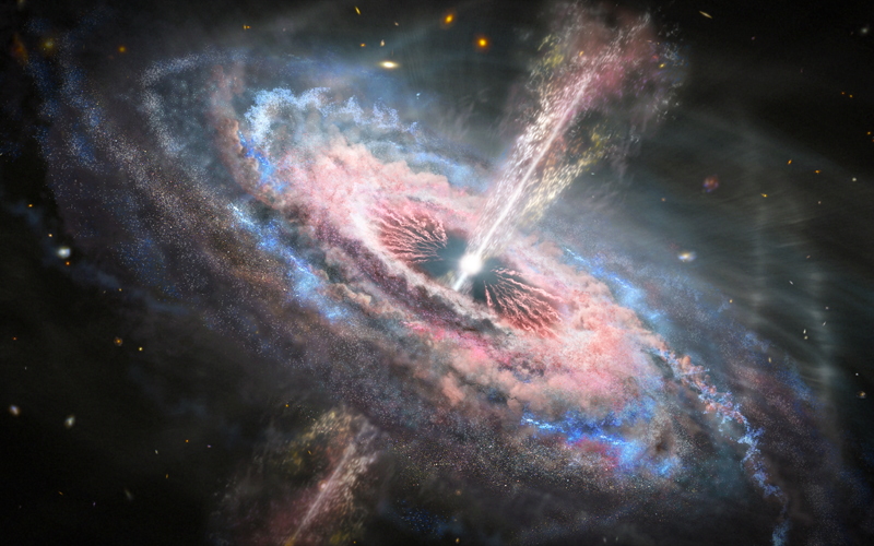 Художественная иллюстрация активного галактического ядра (AGN) с большими радиоструями. В галактике Arp 187 есть останки этих струй, но центр замолчал.