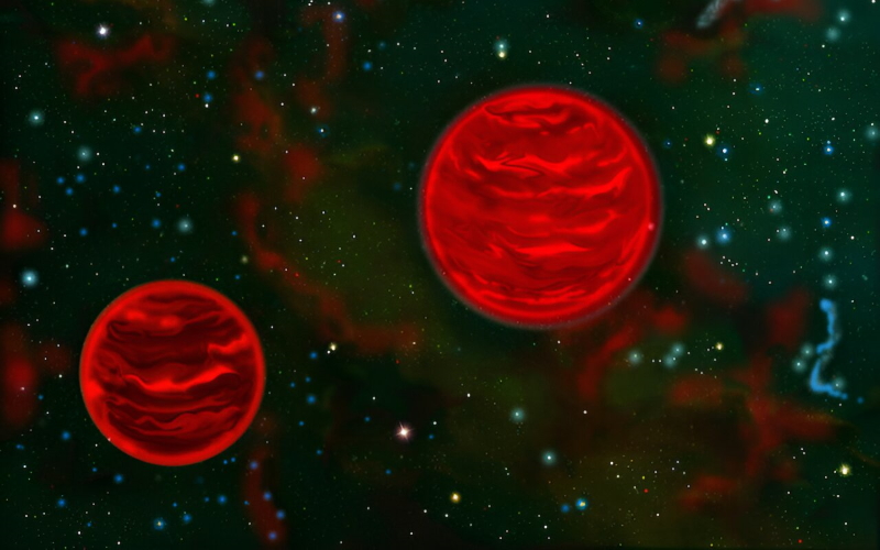 Свободно плавающие двойные объекты массы Юпитера встречаются часто даже тогда, когда современная звездная и планетарная теория не может объяснить их существование. Художественное изображение одной из этих систем не в масштабе.
