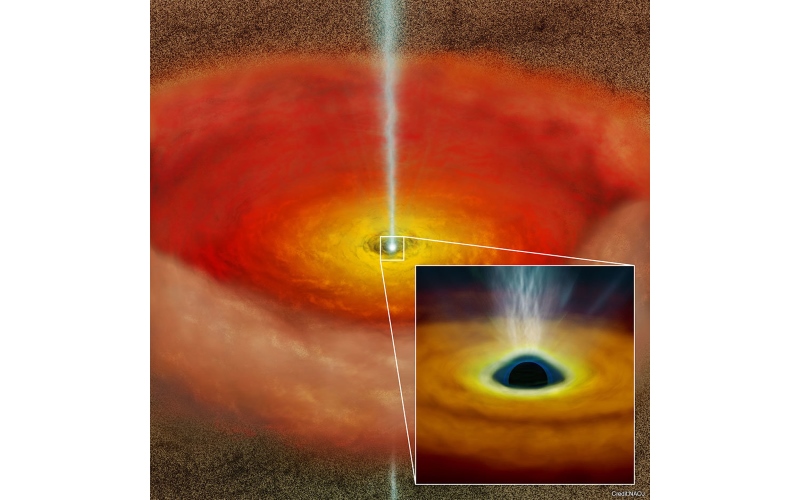 Понятие художника об аккреционном диске вокруг вращающейся сверхмассивной черной дыры. Вращение черной дыры может вызвать высокоскоростную струю, которая делает объект радио-громким.