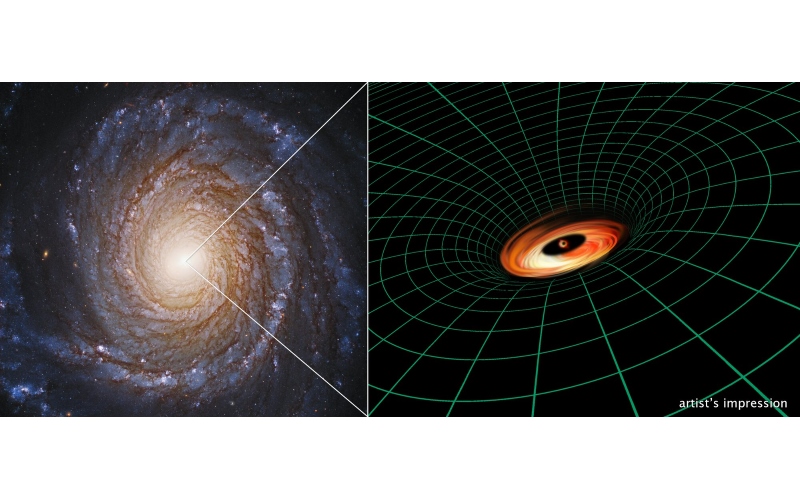 Изображение космической телескопа Хаббла спиральной галактики NGC3147 рядом с иллюстрацией художника о сверхмассивной черной дыре, находящейся в ядре галактики..