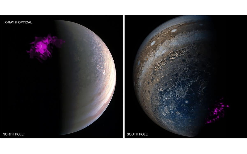 Наложенные изображения полюса Юпитера со спутника НАСА Juno и рентгеновского телескопа НАСА Chandra. Слева показана проекция северного рентгеновского сияния Юпитера (фиолетовый), наложенная на видимое изображение Северного полюса с помощью Junocam. Справа показан южный аналог.