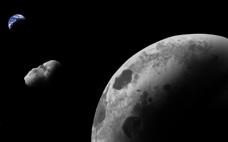 Художник представил небольшой астероид Камоалева, сближающийся с Землей, который, согласно новому исследованию, является фрагментом Луны.