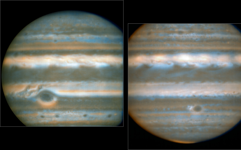 Инфракрасные изображения Юпитера с Очень большого телескопа Европейской южной обсерватории показывают температуру: более яркие области теплее и имеют более тонкие облака, а более темные области — наоборот.