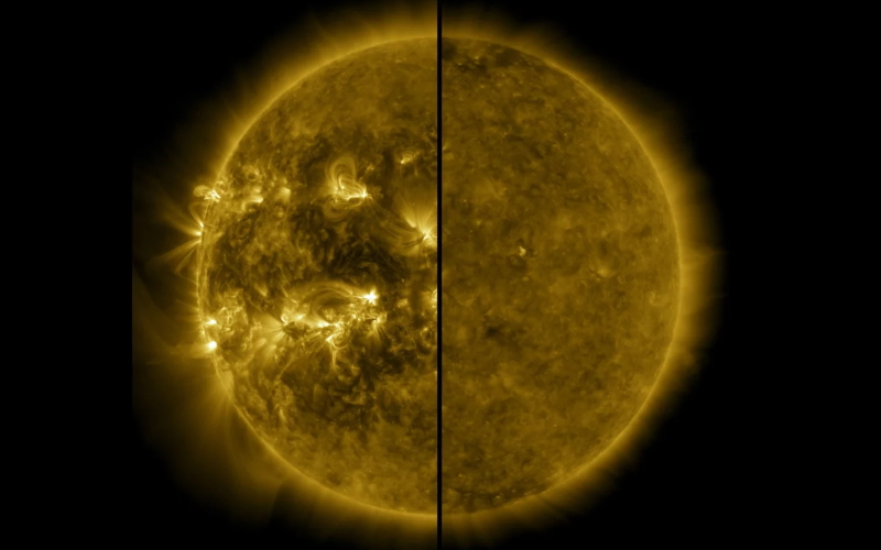 Солнце во время своего последнего солнечного максимума (слева) в апреле 2014 года по сравнению с его последним солнечным минимумом (справа) в декабре 2019 года.