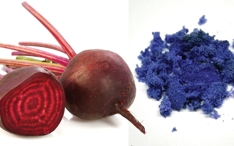 Порошкообразная пищевая добавка мальтодекстрин (справа) получает всплеск цвета от нового синего красителя, полученного из красной свеклы.