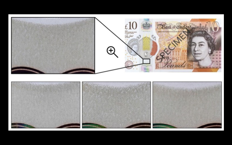 Демонстрация характерной области полимерной банкноты номиналом 10 фунтов стерлингов (вверху) - три снимка внизу показывают случайное изменение узоров для трех различных банкнот номиналом 10 фунтов стерлингов.