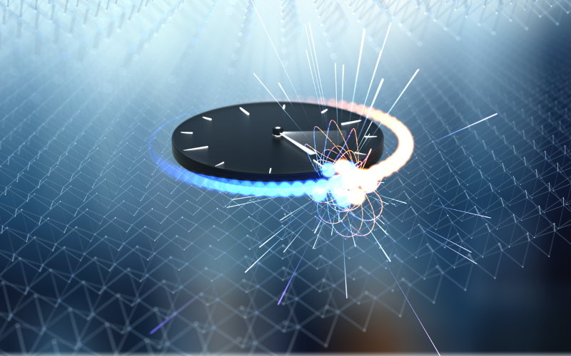 Художественная иллюстрация устройства "attoclock", которое может производить измерения движения электронов с шагом времени до квинтиллионных долей секунды.