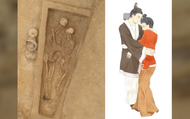 Фотография останков влюбленных рядом с иллюстрацией того, как они могли выглядеть, когда были похоронены.