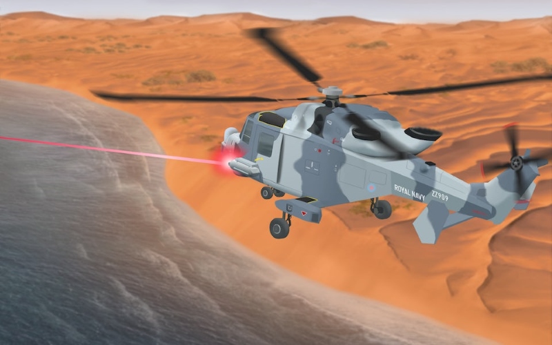 Художественный рендеринг установленного на вертолете лазерного направленного энергетического оружия.