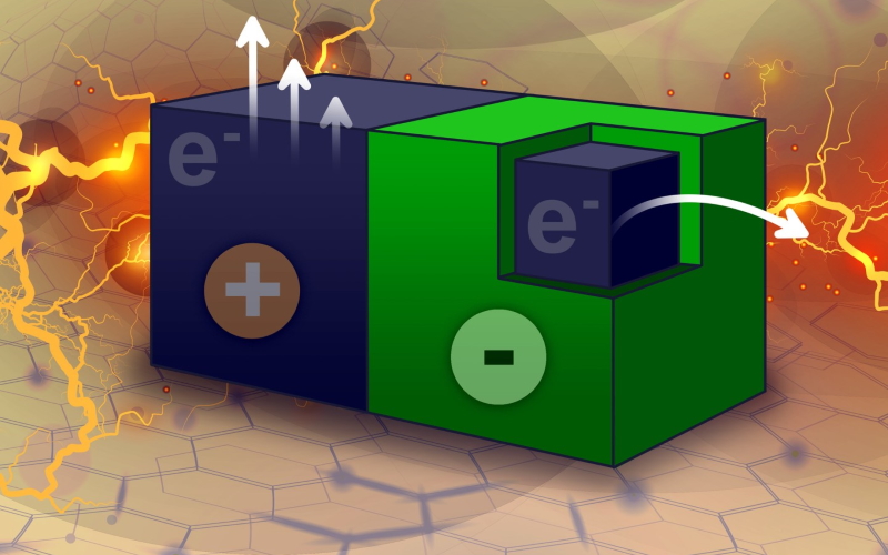 Схема нового генератора. Частицы углеродных нанотрубок (синие) частично покрыты тефлоноподобным полимером (зеленый), который индуцирует электрический ток, протекающий от покрытой к непокрытой стороне.